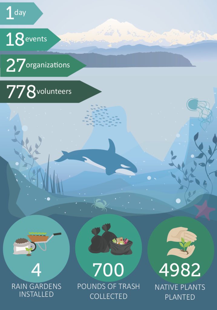 Infographic highlighting Orca Recovery Day across the Puget Sound which shows swimming cartoon orca under mountains. Highlights: 1 day, 18 events, 27 organizations, and 778 volunteers. With 4 rain gardens installed, 700 pounds of trash collected, and 4,982 native plants installed.